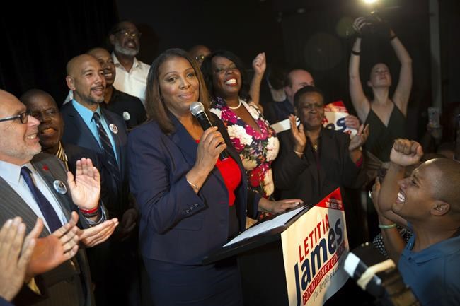 FILE — In this Sept. 13, 2018, file photo, Letitia James delivers a victory speech after winning the primary election for New York attorney general, in New York. James formally announced Friday, Oct. 29, 2021, that she is running for governor, a widely anticipated move from the woman who oversaw an investigation into allegations that former Gov. Andrew Cuomo sexually harassed numerous women. (AP Photo/Kevin Hagen, File)