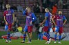Barcelona players react after the La Liga soccer match between Barcelona and Alaves at the Camp Nou stadium in Barcelona, Spain Saturday, Oct. 30, 2021. The match ended 1-1. (AP Photo/Joan Monfort)