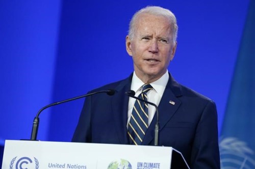 President Joe Biden speaks during the COP26 U.N. Climate Summit, Monday, Nov. 1, 2021, in Glasgow, Scotland. (AP Photo/Evan Vucci)