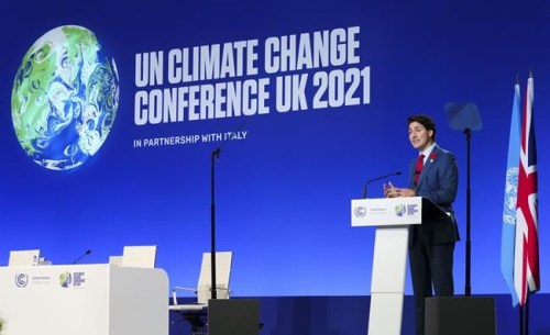 Prime Minister Justin Trudeau delivers a short speech at at the 26th meeting of the Council of Parties to the UN climate convention, known as COP26, in Glasgow, Scotland, on Monday, Nov. 1, 2021. THE CANADIAN PRESS/Sean Kilpatrick