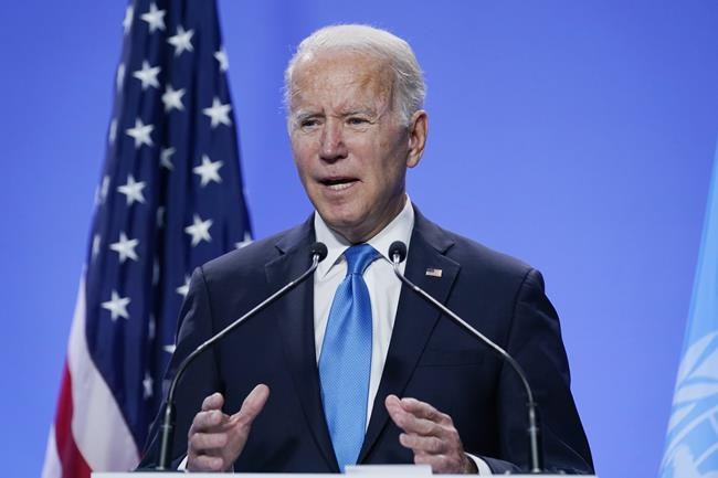 President Joe Biden speaks during a news conference at the COP26 U.N. Climate Summit, Tuesday, Nov. 2, 2021, in Glasgow, Scotland. (AP Photo/Evan Vucci)