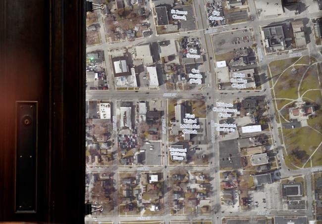 A location on a map is shown as Koerri Washington, also known as Koerri Elijah testifies during Kyle Rittenhouse's trial at the Kenosha County Courthouse in Kenosha, Wis., on Wednesday, Nov. 3, 2021. Rittenhouse is accused of killing two people and wounding a third during a protest over police brutality in Kenosha, last year. (Sean Krajacic/The Kenosha News via AP, Pool)