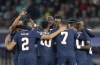 PSG's Georginio Wijnaldum celebrates with teammates after scoring his side's second goal during the Group A Champion's League soccer match between RB Leipzig and Paris Saint Germain at the Red Bull Arena in Leipzig, Germany, Wednesday, Nov. 3, 2021. (AP Photo/Michael Sohn)
