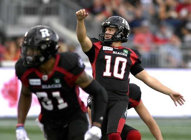 Ottawa Redblack kicker Lewis Ward makes a kick against the Hamilton Tiger-Cats during second half CFL football action in Ottawa on Saturday, Aug. 17, 2019. THE CANADIAN PRESS/Justin Tang