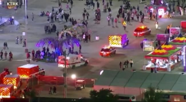 Emergency personnel respond to the Astroworld music festival in Houston on Friday, Nov. 5, 2021. Several people died and numerous others were injured in what officials described as a surge of the crowd at the music festival while Travis Scott was performing. Officials declared a “mass casualty incident” just after 9 p.m. Friday during the festival where an estimated 50,000 people were in attendance, Houston Fire Chief Samuel Peña told reporters at a news conference. (KTRK via AP)