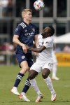 New York City FC midfielder Keaton Parks, left, and Inter Miami midfielder Blaise Matuidi (8) battle for the ball, Saturday, Oct. 30, 2021, during the first half of an MLS soccer match in Fort Lauderdale, Fla. (AP Photo/Wilfredo Lee)