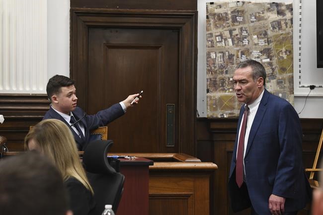Kyle Rittenhouse testifies in his trial at the Kenosha County Courthouse in Kenosha, Wis., on Wednesday, Nov. 10, 2021. Rittenhouse is accused of killing two people and wounding a third during a protest over police brutality in Kenosha, last year. Rittenhouse is accused of killing two people and wounding a third during a protest over police brutality in Kenosha, last year. (Mark Hertzberg /Pool Photo via AP)