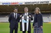 Club director Amanda Staveley and husband Mehrdad Ghodoussi, left, pose with newly appointed Newcastle United manager Eddie Howe at St. James' Park, Newcastle upon Tyne, England, Wednesday, Nov. 10, 2021. (Owen Humphreys/PA via AP)