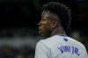 Real Madrid's Vinicius Junior looks on during a Spanish La Liga soccer match between Real Madrid and Rayo Vallecano at the Bernabeu stadium in Madrid, Spain, Saturday, Nov. 6, 2021. (AP Photo/Manu Fernandez)