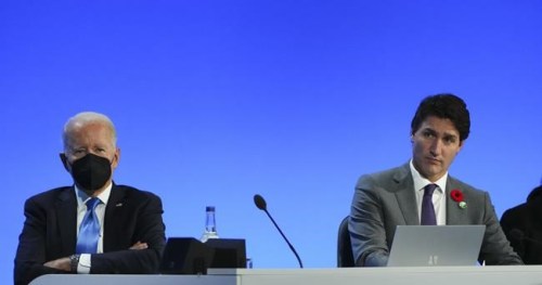 Prime Minister Justin Trudeau, right, sits beside U.S. President Joe Biden at an event about the Global Methane Pledge at COP26 in Glasgow, Scotland on Tuesday, Nov. 2, 2021. Business leaders in Canada are urging Trudeau to show some tough love when he visits the White House this week. THE CANADIAN PRESS/Sean Kilpatrick