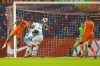 Netherlands' Memphis Depay, left, heads the ball at goal during the World Cup 2022 group G qualifying soccer match between the Netherlands and Norway at De Kuip stadium in Rotterdam, Netherlands, Tuesday, Nov. 16, 2021. (AP Photo/Peter Dejong)