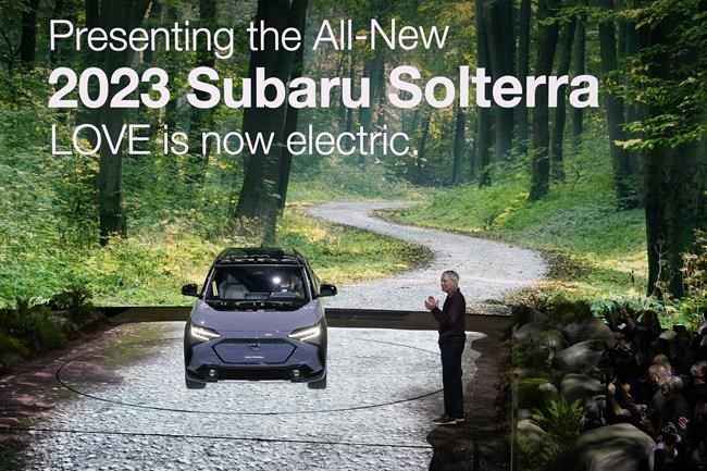 Tom Doll, President and CEO of Subaru of America, Inc. introduces the 2023 Subaru Solterra EV at the AutoMobility LA auto show Wednesday, Nov. 17, 2021, in Los Angeles. (AP Photo/Marcio Jose Sanchez)