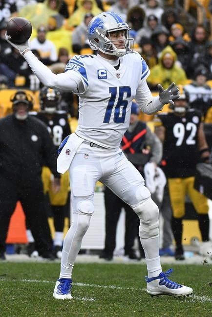Detroit Lions quarterback Jared Goff (16) throws a pass during the second half of an NFL football game against the Pittsburgh Steelers in Pittsburgh, Sunday, Nov. 14, 2021. (AP Photo/Don Wright)
