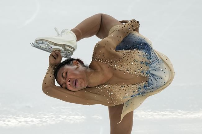 Starr Andrews of US competes in the Women Short Program during the ISU figure skating France's Trophy, in Grenoble, French Alps, France, Friday, Nov. 19, 2021. (AP Photo/Francois Mori)