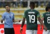 Uruguay's Luis Suarez complains to the referee during a FIFA World Cup qualifying match against Bolivia at Hernando Siles stadium in La Paz, Bolivia, Tuesday, Nov. 16, 2021. (AP Photo/Juan Karita)