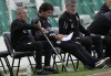 Uruguay's coach Oscar Washington Tabarez, left, sits with his coaching staff during a FIFA World Cup qualifying match against Bolivia at Hernando Siles stadium in La Paz, Bolivia, Tuesday, Nov. 16, 2021. (AP Photo/Juan Karita)