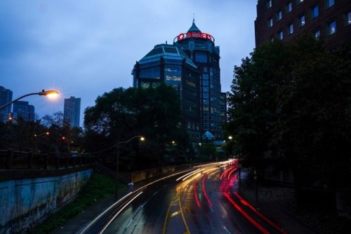 Traffic drives past the Rogers corporate head office and headquarters along Mount Pleasant Road in Toronto, Monday, Oct. 25, 2021. Hearings are set to begin at the federal telecoms regulator on Rogers Communications Inc.'s proposed $26 billion takeover of Shaw Communications Inc. THE CANADIAN PRESS/Evan Buhler