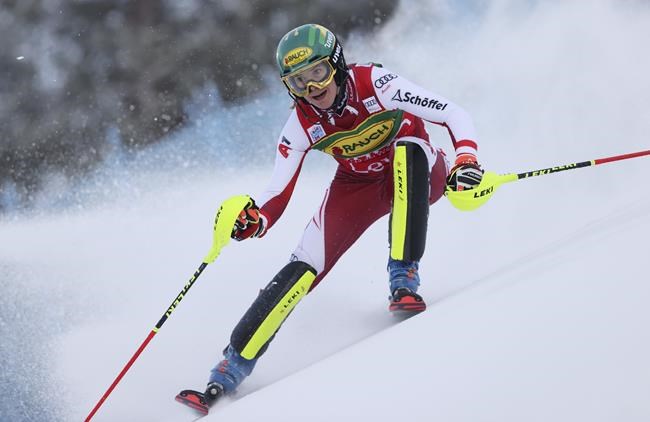 Austria's Katharina Liensberger competes during the first run of an alpine ski, World Cup women's slalom in Levi, Finland, Saturday, Nov. 20, 2021. (AP Photo/Alessandro Trovati)