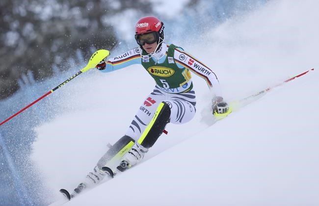 Germany's Lena Duerr competes during the first run of an alpine ski, World Cup women's slalom in Levi, Finland, Saturday, Nov. 20, 2021. (AP Photo/Alessandro Trovati)