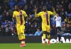 Crystal Palace's Christian Benteke, right, celebrates scoring during the English Premier League soccer match between Burnley and Crystal Palace at Turf Moor, Burnley, England, Saturday Nov. 20, 2021. (Martin Rickett/PA via AP)