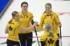 Skip Jacqueline Harrison of Dundas, Ont. top right, Lynn Kreviazuk, left, Laura Hickey, and Allison Flaxey celebrate after defeating Rachel Homan at the Tim Hortons Curling Trials in Saskatoon in this Saturday, November 20, 2021 handout photo. Jacqueline Harrison opened the Tim Hortons Canadian Curling Trials with a 6-5 upset victory over Rachel Homan on Saturday afternoon at the SaskTel Centre. THE CANADIAN PRESS/HO, Michael Burns, Curling Canada *MANDATORY CREDIT*