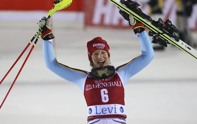 Germany's Lena Duerr celebrates her third place during an alpine ski, World Cup women's slalom in Levi, Finland, Sunday, Nov. 21, 2021. (AP Photo/Alessandro Trovati)