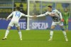 Napoli's Dries Mertens celebrates with his teammate Piotr Zielinski after he scored his side's second goal during the Serie A soccer match between Inter Milan and Napoli at San Siro Stadium, in Milan, Italy, Sunday, Nov. 21, 2021. (AP Photo/Antonio Calanni)
