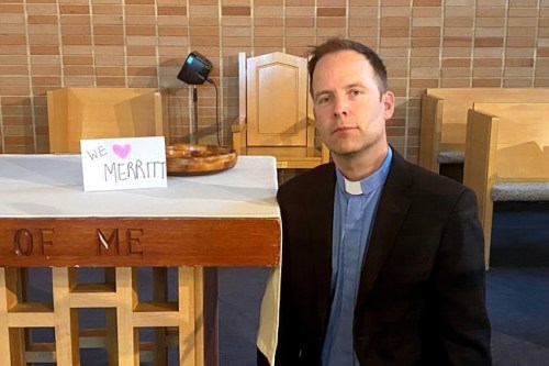 Pastor Steve Filyk poses for a photo at St. Andrew's Presbyterian Church in Kamloops, B.C. on Sunday, Nov. 21, 2021. Filyk urged his followers Sunday to help those suffering from the flooding at a time the world appears particularly dark. THE CANADIAN PRESS/Bill Graveland