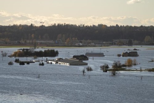 Rising flood waters surround buildings in Abbotsford, B.C., Tuesday, Nov. 16, 2021. B.C. officials are set to provide an update on flooding in the province, as a rain storm in the north is set to move south. THE CANADIAN PRESS/Jonathan Hayward
