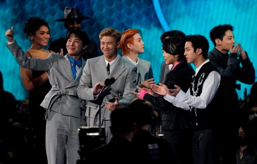 BTS accepts the award for favorite pop song for 