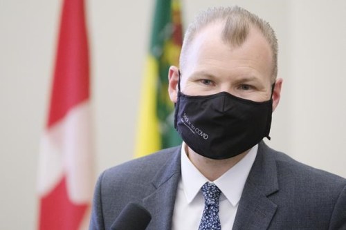 Minister of Education Dustin Duncan speaks at the Legislative Building in Regina on Tuesday, April 6, 2021. Saskatchewan is set to release details today about its plans to vaccinate children between the ages of five and 11 against COVID-19. THE CANADIAN PRESS/Michael Bell