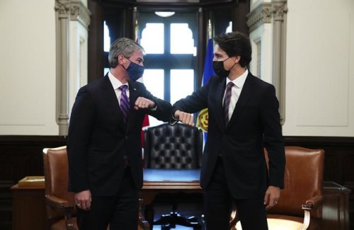 Prime Minister Justin Trudeau meets with Premier of Nova Scotia Tim Houston, in his office in the West Block on Parliament Hill, in Ottawa on Monday, Nov. 22, 2021. THE CANADIAN PRESS/Sean Kilpatrick