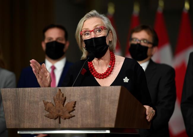 Minister of Mental Health and Addictions and Associate Minister of Health Carolyn Bennett at a news conference after the federal cabinet was sworn in, in Ottawa, on Tuesday, Oct. 26, 2021. Some provinces are pushing back against an election promise by the Liberals to offer a new mental heath transfer. THE CANADIAN PRESS/Justin Tang