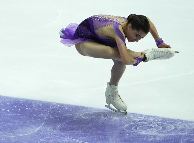 Russia's Kamila Valieva performs in the women short program during the ISU Grand Prix of Figure Skating Rostelecom Cup in Sochi, Russia, Friday, Nov. 26, 2021. (AP Photo/Alexander Zemlianichenko)