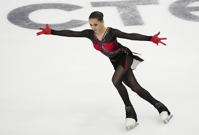 Russia's Kamila Valieva performs in the ladies free skating program during the ISU Grand Prix of Figure Skating Rostelecom Cup in Sochi, Russia, Saturday, Nov. 27, 2021. (AP Photo/Alexander Zemlianichenko)