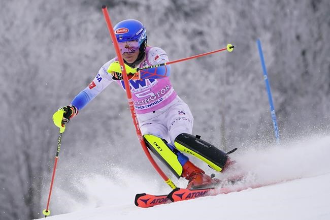 United State's Mikaela Shiffrin competes during a women's World Cup slalom ski race Sunday, Nov. 28, 2021, Killington, Vt. (AP Photo/Robert F. Bukaty)