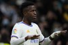 Real Madrid's Vinicius Junior celebrates after scoring his side's second goal during the Spanish La Liga soccer match between Real Madrid and Sevilla at the Bernabeu stadium in Madrid, Spain, Sunday, Nov. 28, 2021. (AP Photo/Manu Fernandez)