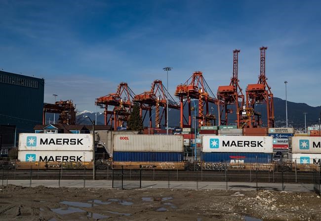 Cargo containers sit on idle train cars at port in Vancouver, on Friday, February 21, 2020. A container truck driver strike at two companies serving the Port of Vancouver that was set to begin Friday will be avoided. THE CANADIAN PRESS/Darryl Dyck