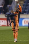 Philadelphia Union's Andre Blake celebrates the win following the shootout of an MLS playoff soccer match, Sunday, Nov. 28, 2021, in Chester, Pa. The Union won 2-0 in the penalty kick shootout after tying 1-1 in regulation time. (AP Photo/Chris Szagola)