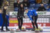 Team Einarson lead Briane Meilleur, left, and skip Kerri Einarson look on as Team McCarville skip Krista McCarvill sweeps during the women's second tiebreaker of the 2021 Canadian Olympic curling trials in Saskatoon, Sask., Saturday, Nov. 27, 2021. THE CANADIAN PRESS/Liam Richards