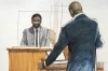 In this courtroom sketch, actor Jussie Smollett, left, is questioned by his defense attorney Nenye Uche, Monday, Dec. 6, 2021, at the Leighton Criminal Courthouse on day five of his trial in Chicago. (AP Photo/Cheryl Cook)