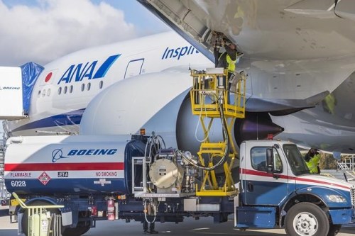 All Nippon Airways plane is shown being fueled with sustainable jet fuel made by tech company LanzaJet in this handout image in Everett, Washington in 2019. Suncor Energy Inc. says it will build a sustainable jet fuel plant somewhere in North America by 2025. The Calgary-based company is one of the founding partners behind LanzaJet, a tech startup that makes jet fuel out of ethanol made from products like corn and sugar cane.THE CANADIAN PRESS/HO-LanzaJet*MANDATORY CREDIT*