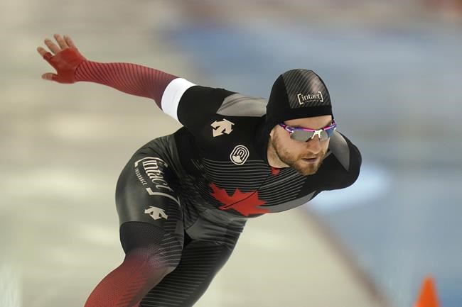 Canada's Laurent Dubreuil skates during the men's 500-meter World Cup speedskating race at the Utah Olympic Oval, Friday, Dec. 3, 2021, in Kearns, Utah. THE CANADIAN PRESS/AP, Rick Bowmer