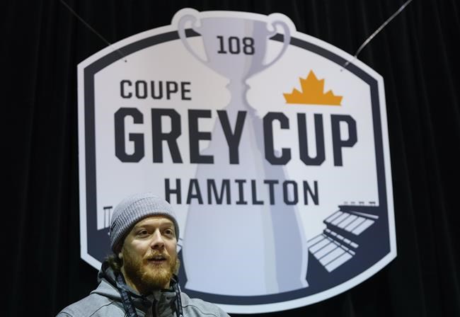 Winnipeg Blue Bombers fullback Mike Miller speaks during media day ahead of the 108th CFL Grey Cup against the Hamilton Tiger-Cats in Hamilton, Ont., on Thursday, December 9, 2021. THE CANADIAN PRESS/Nathan Denette
