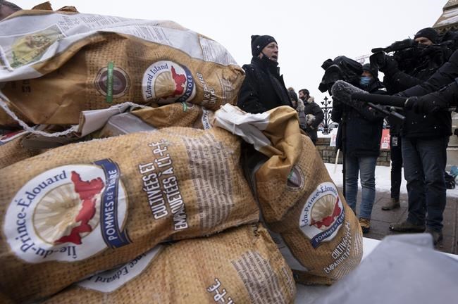 Prince Edward Island Premier Dennis King speaks with media, as bags of potatoes sit on a table, Wednesday, Dec. 8, 2021, in Ottawa. THE CANADIAN PRESS/Adrian Wyld