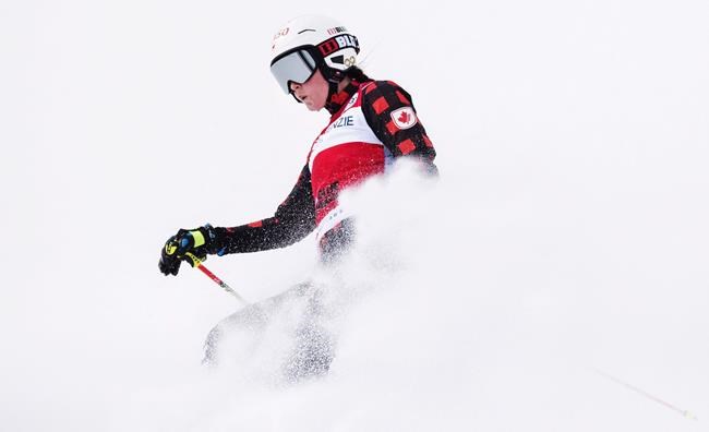 Marielle Thompson of Canada stops after the finish line after winning gold during the FIS Ski Cross World Cup 2017 in The Blue Mountains, Ont., Sunday, March 5, 2017. THE CANADIAN PRESS/Mark Blinch