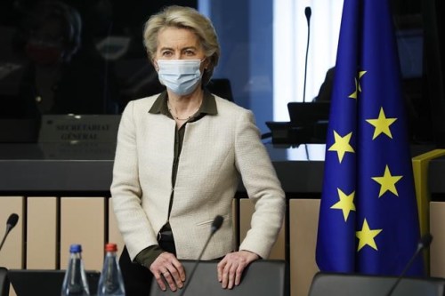 European Commission President Ursula von der Leyen arrives for a meeting of the College of Commissioners, in Strasbourg, France, Tuesday, Dec. 14 2021. The College will discuss on a comprehensive package on energy and climate action and will also adopt a proposal for a revision of the Schengen Borders Code. (Julien Warnand, Pool Photo via AP)