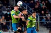 Seattle Sounders defender Shane O'Neill, left, heads the ball over Los Angeles FC forward Cristian Arango, center, during the second half of an MLS soccer match Tuesday, Oct. 26, 2021, in Los Angeles. Toronto FC bolstered its much-maligned defence Wednesday by signing signed free-agent defender Shane O’Neill on a deal that runs through 2024. THE CANADIAN PRESS/AP-Marcio Jose Sanchez