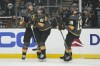 Vegas Golden Knights center Jonathan Marchessault (81) celebrates with center William Karlsson (71) after scoring during the first period of the team's NHL hockey game against the Los Angeles Kings on Tuesday, Dec. 28, 2021, in Los Angeles. (AP Photo/Ashley Landis)