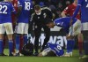 Leicester's Jamie Vardy receives medical treatment during the English Premier League soccer match between Leicester City and Liverpool at the King Power Stadium in Leicester, England, Tuesday, Dec. 28, 2021. (AP Photo/Rui Vieira)